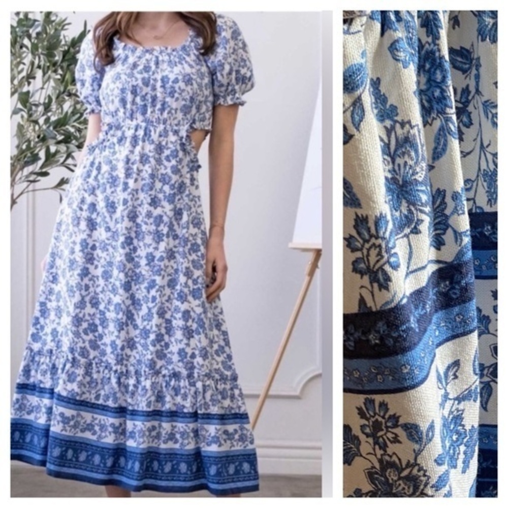By The River Blue White Porcelain Floral Print Linen Blend Cut Out Midi Dress L